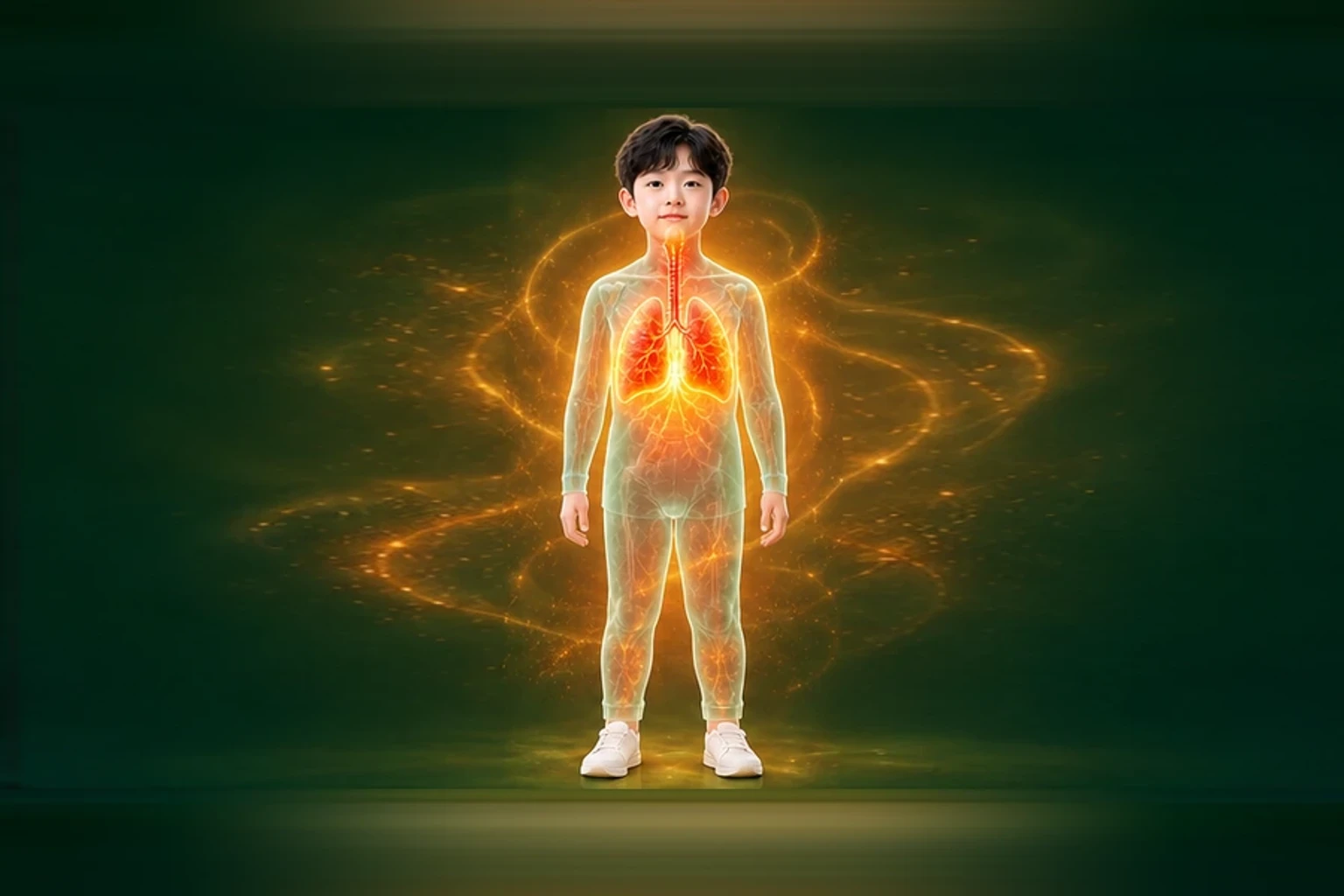소아잦은감기 아이의 머리부터 발끝까지 온전한 인체 형태에서 열의 흐름을 선명한 황금빛으로 보여 주는 담적병 골든셋 교육 이미지