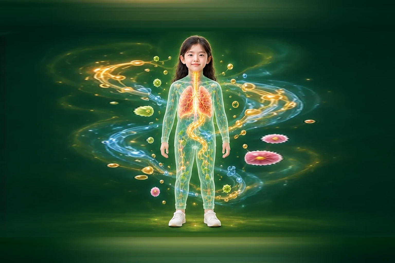 소아잦은감기 아이의 머리부터 발끝까지 온전한 인체 형태에서 물질·열·신호·구조의 통합 흐름을 선명한 황금빛으로 보여 주는 담적병 골든셋 교육 이미지
