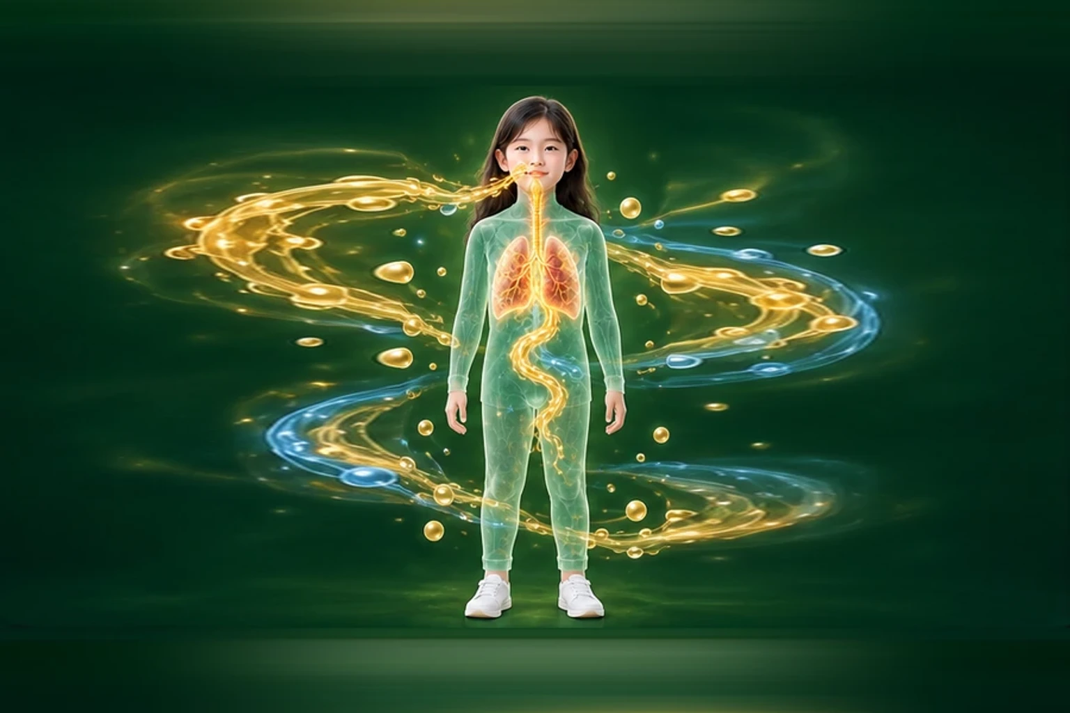 소아잦은감기 아이의 머리부터 발끝까지 온전한 인체 형태에서 물질의 흐름을 선명한 황금빛으로 보여 주는 담적병 골든셋 교육 이미지