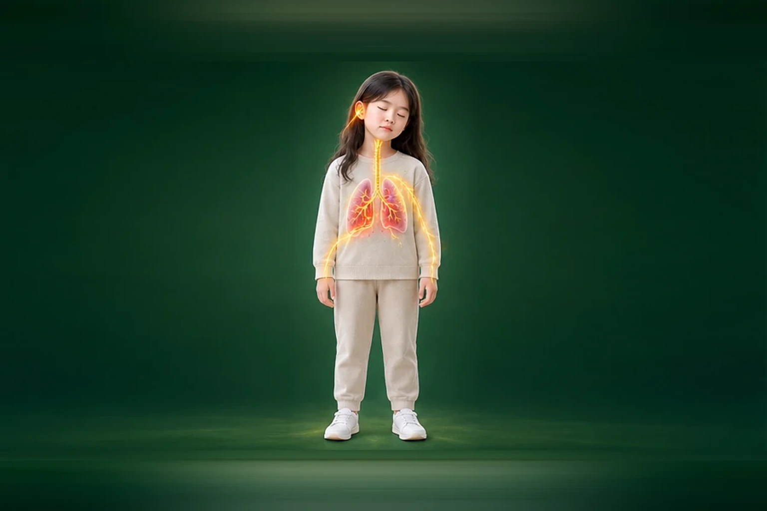 소아잦은감기 아이의 머리부터 발끝까지 온전한 인체 형태에서 신호의 흐름을 선명한 황금빛으로 보여 주는 담적병 골든셋 교육 이미지