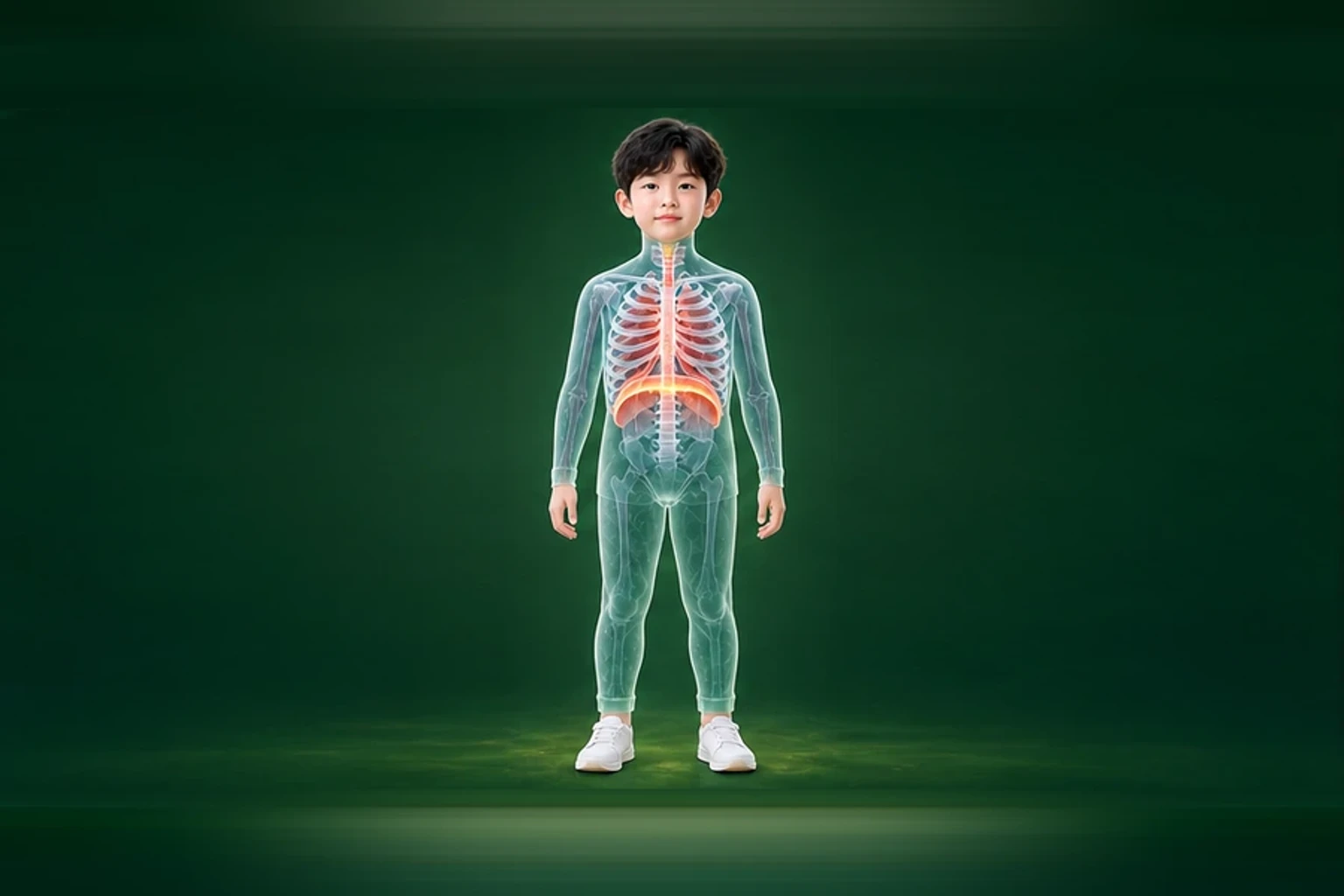 소아잦은감기 아이의 머리부터 발끝까지 온전한 인체 형태에서 구조의 흐름을 선명한 황금빛으로 보여 주는 담적병 골든셋 교육 이미지