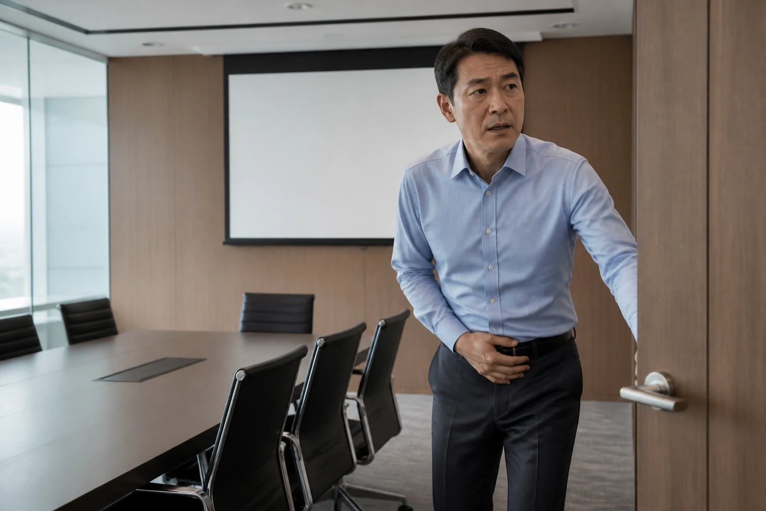 중요한 회의 도중 갑작스러운 요의 때문에 자리를 뜨는 빈뇨 환자의 일상