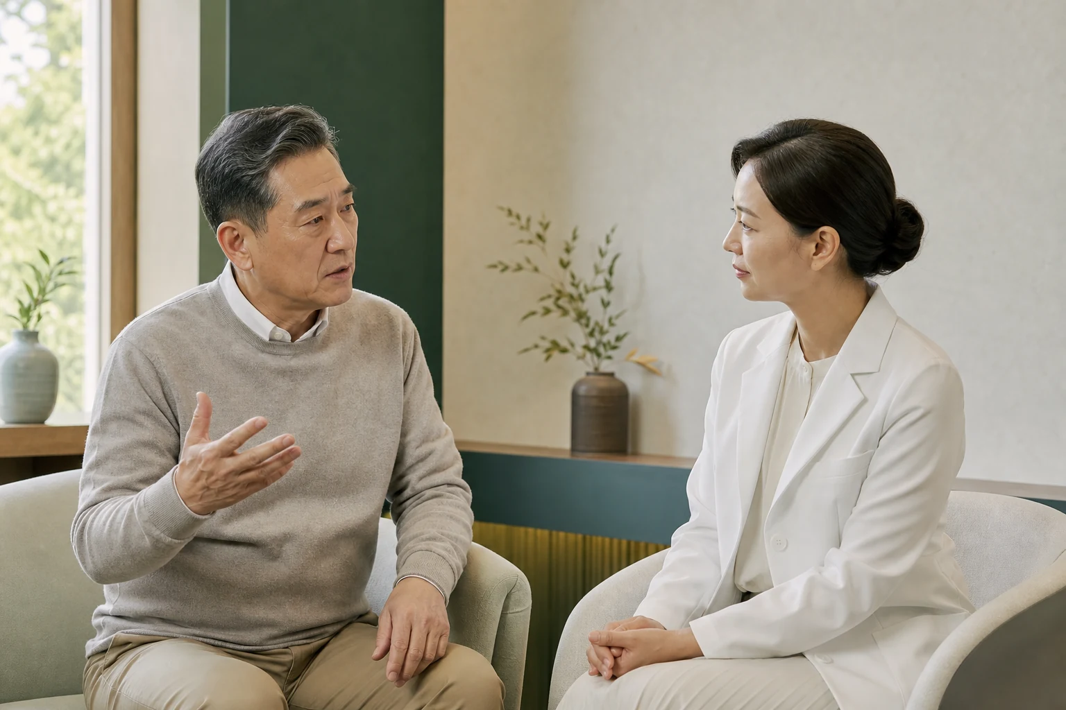 낮 빈뇨와 야간뇨로 달라진 여행·집중력·수면을 인애한의원 부천 의료진에게 설명하는 상담 장면