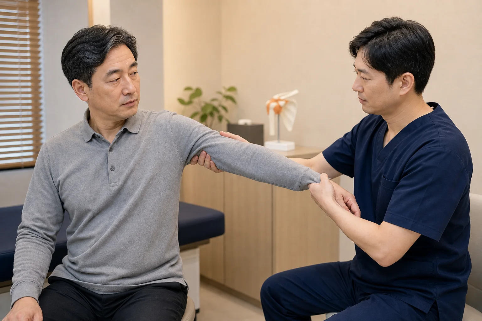 오십견 진료 체크포인트에서 어깨 관절 모형을 두고 환자의 팔 벌림 가동범위를 확인하는 장면