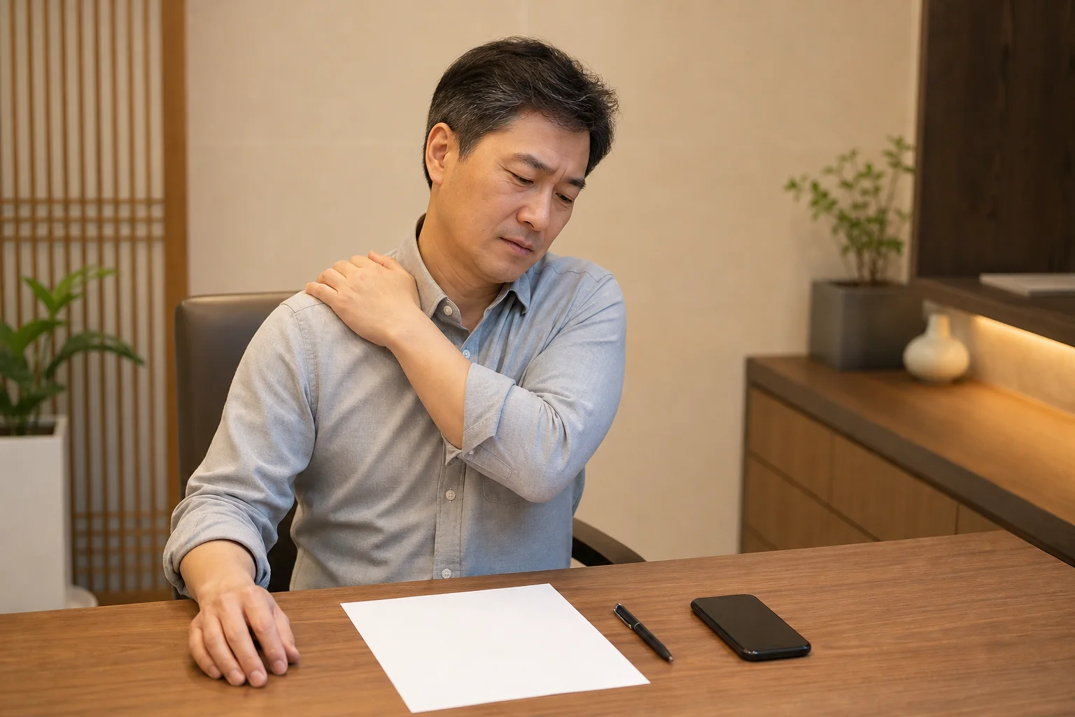 오십견 환자가 국내 상담 공간에서 어깨 통증과 팔 올리기 제한을 설명하기 전 어깨를 짚는 장면