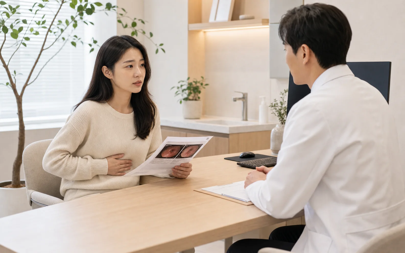 소아 기능성 소화불량 아이와 보호자가 식사량과 증상 기록을 놓고 현대 한의원 상담실에서 상담하는 장면