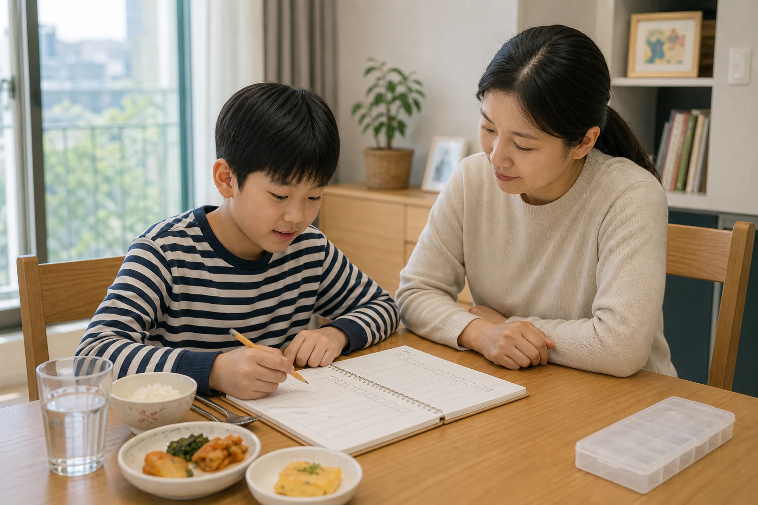 한국인 아이와 보호자가 식후 포만감과 식사량을 빈 생활 기록장에 함께 정리하는 소아 기능성 소화불량 장면