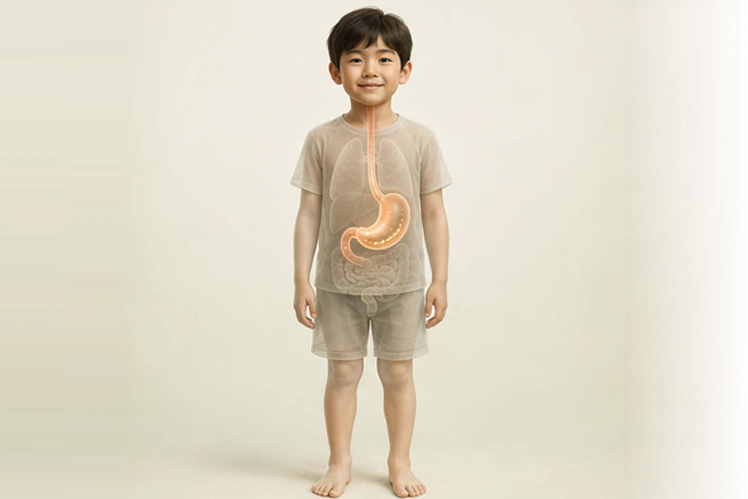 소아기능성소화불량과 관련된 신체 부위를 머리부터 발끝까지 온전히 보이는 아이 위에 밝고 친근하게 보여 주는 소아 서양의학 교육 이미지