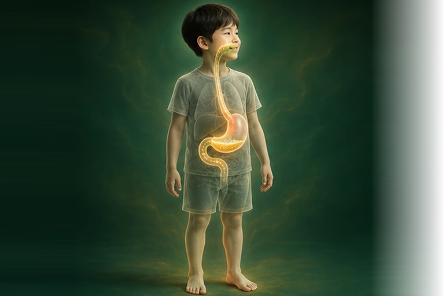 소아기능성소화불량 아이의 머리부터 발끝까지 온전한 인체 형태에서 물질의 흐름을 선명한 황금빛으로 보여 주는 담적병 골든셋 교육 이미지