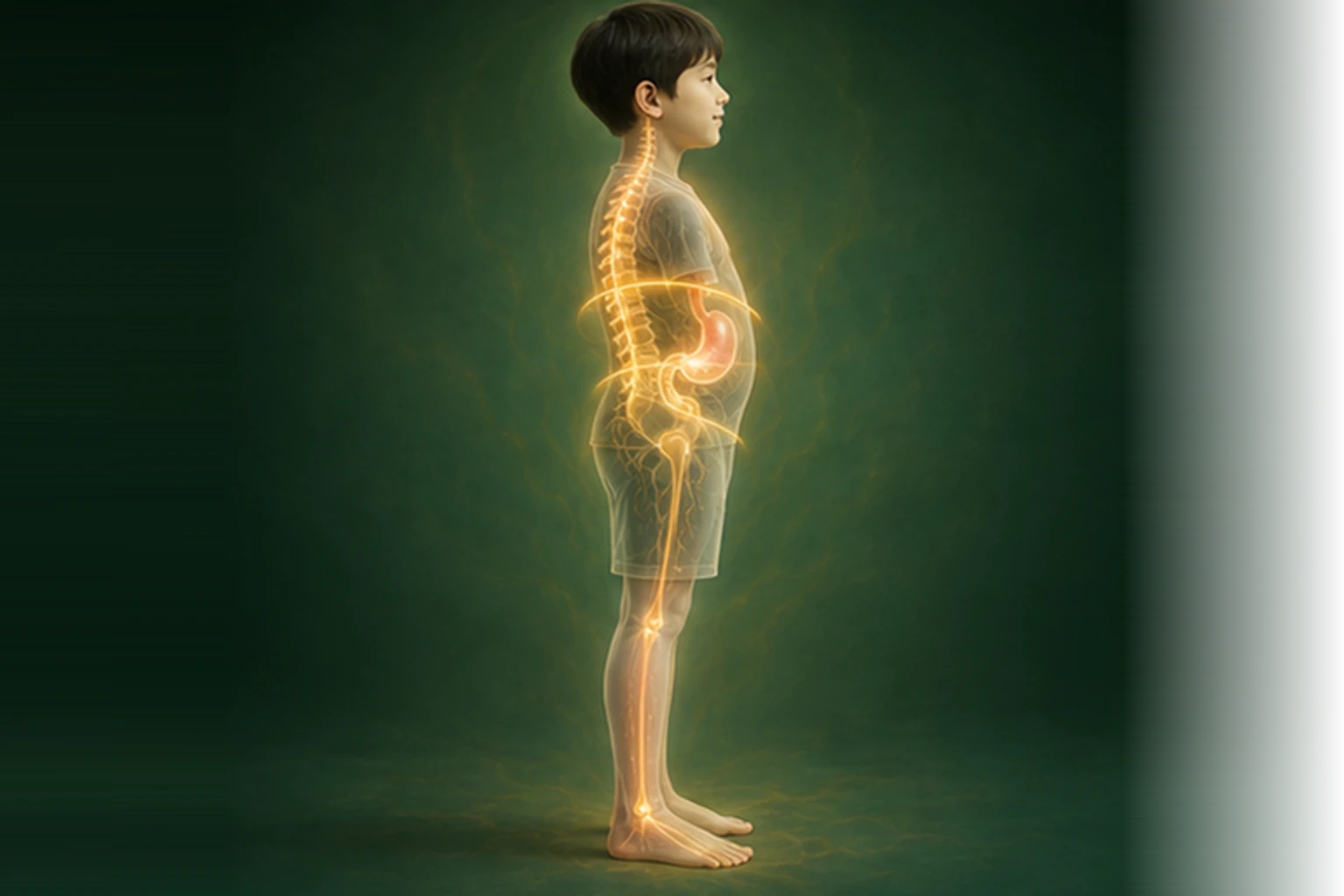 소아기능성소화불량 아이의 머리부터 발끝까지 온전한 인체 형태에서 구조의 흐름을 선명한 황금빛으로 보여 주는 담적병 골든셋 교육 이미지