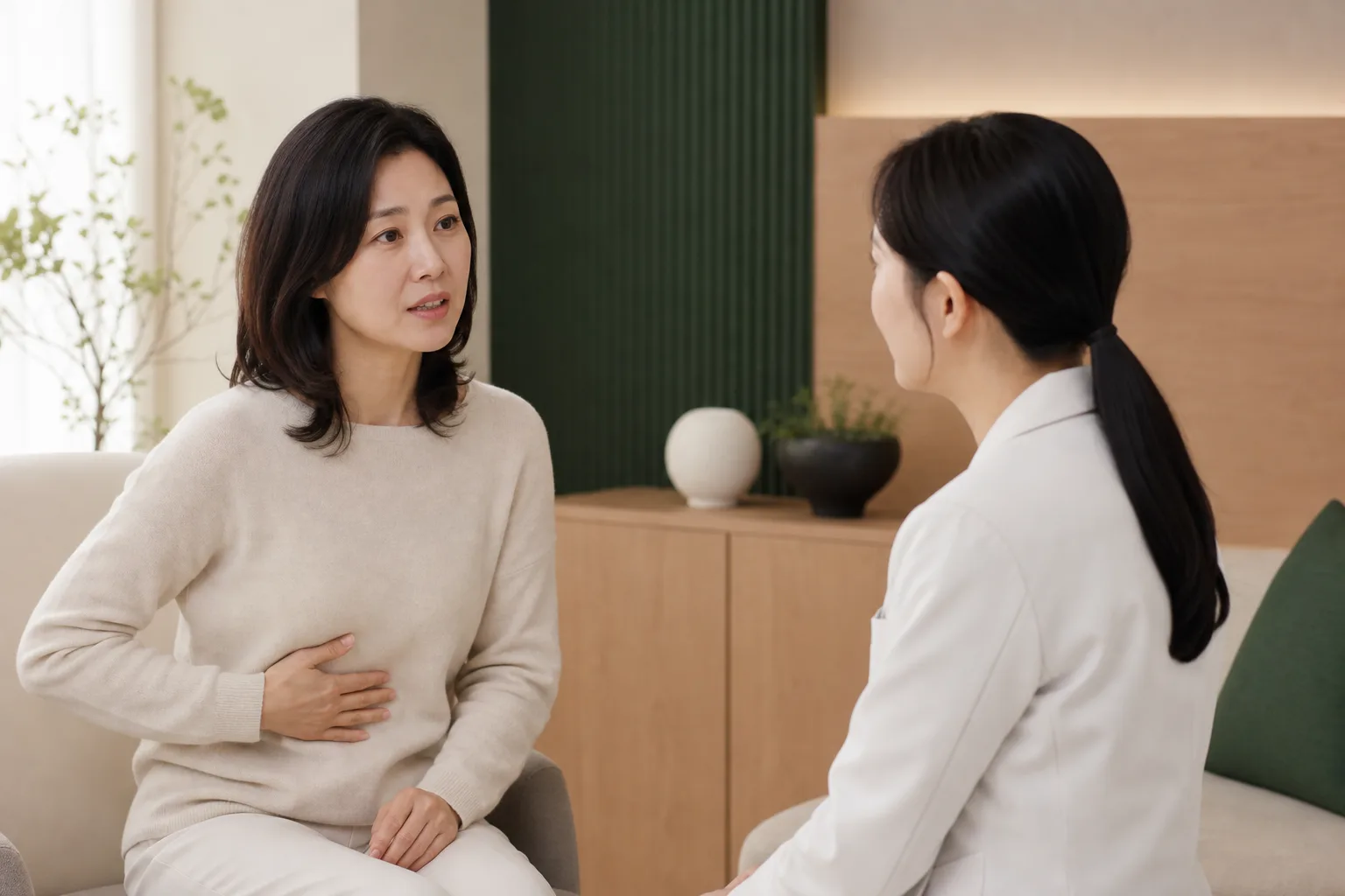 위궤양으로 겪는 불편을 상담하는 환자와 의료진