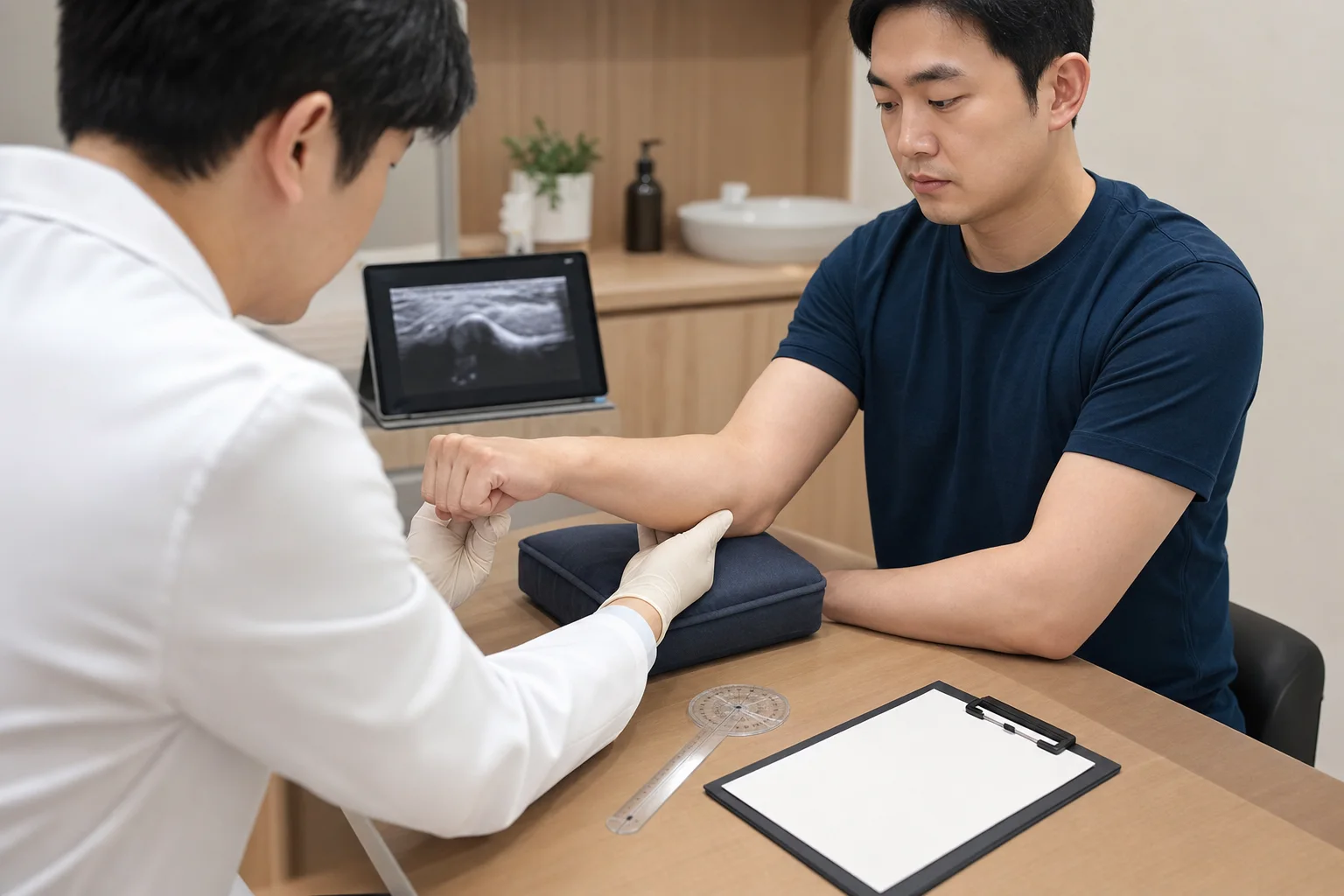 한국인 의료진이 국내 한의원 진료실에서 골프엘보 환자의 팔꿈치 안쪽 압통과 진료 기록을 함께 확인하는 장면