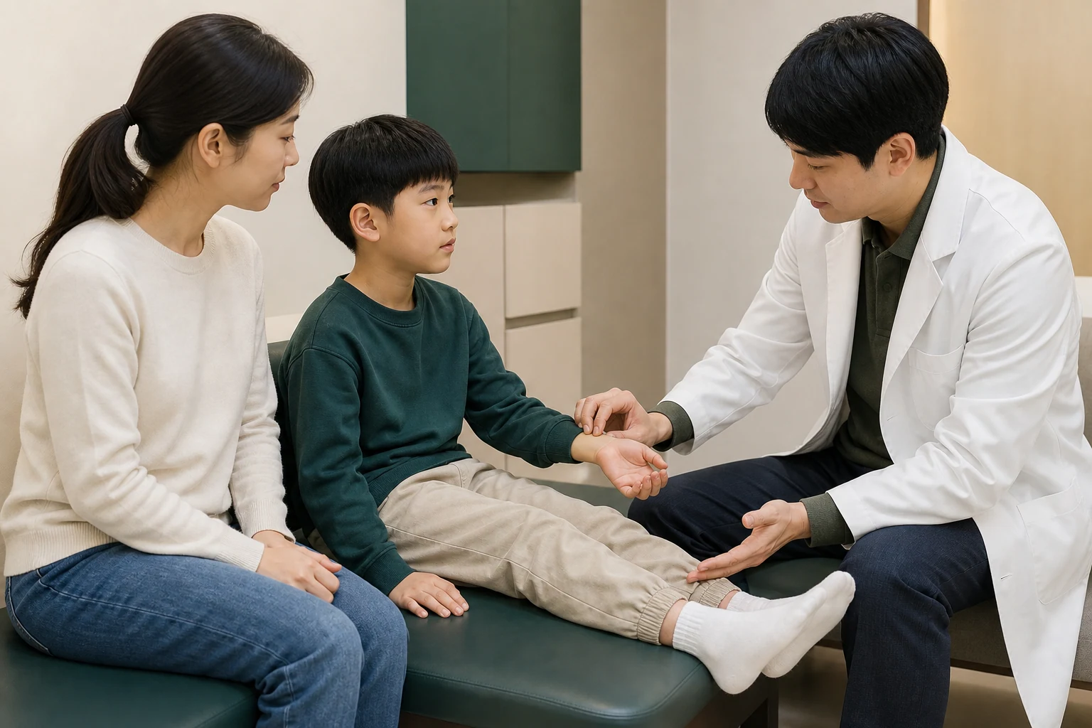 성장통 진료에서 보호자와 함께 앉은 한국인 어린이의 맥을 한의사가 살피는 장면