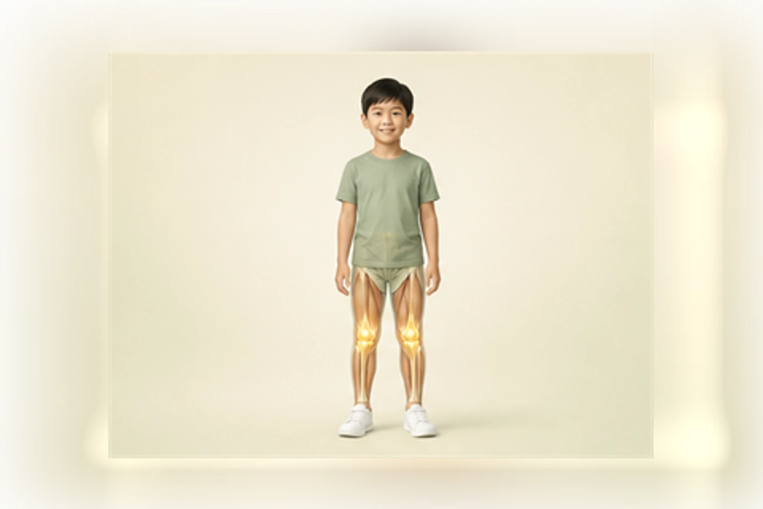 성장통과 관련된 신체 부위를 머리부터 발끝까지 온전히 보이는 아이 위에 밝고 친근하게 보여 주는 소아 서양의학 교육 이미지