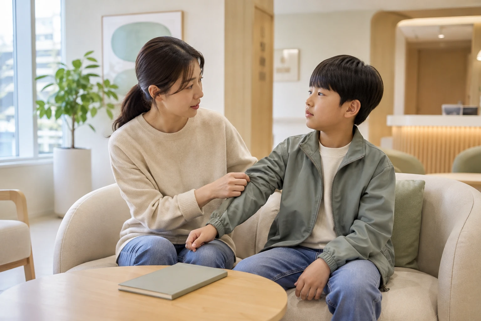 아이의 성장 변화를 걱정하는 보호자가 아이와 이야기를 나누며 진료를 기다리는 장면