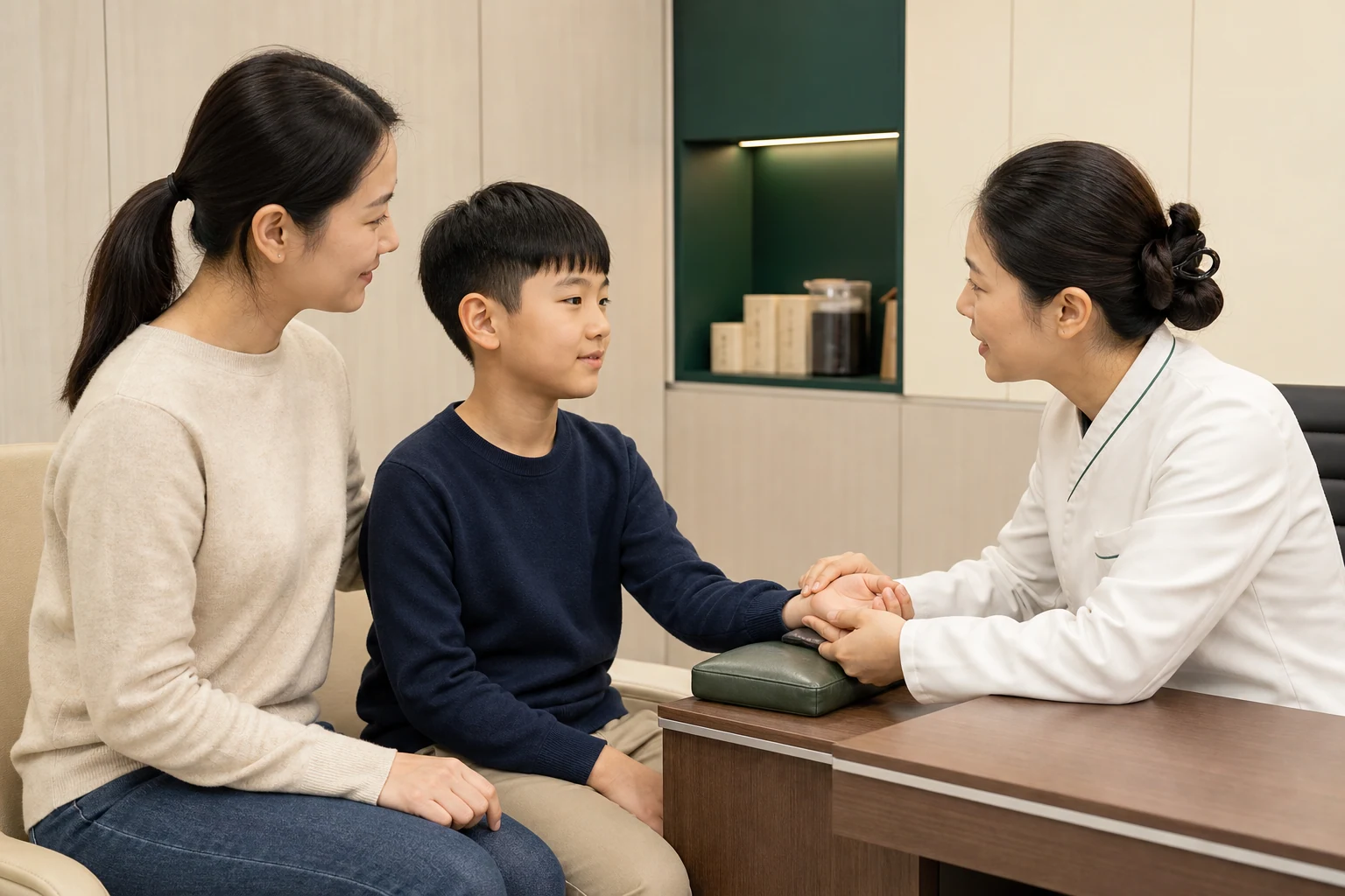 소아성장 진료에서 보호자와 함께 앉은 한국인 어린이의 맥을 한의사가 살피는 장면