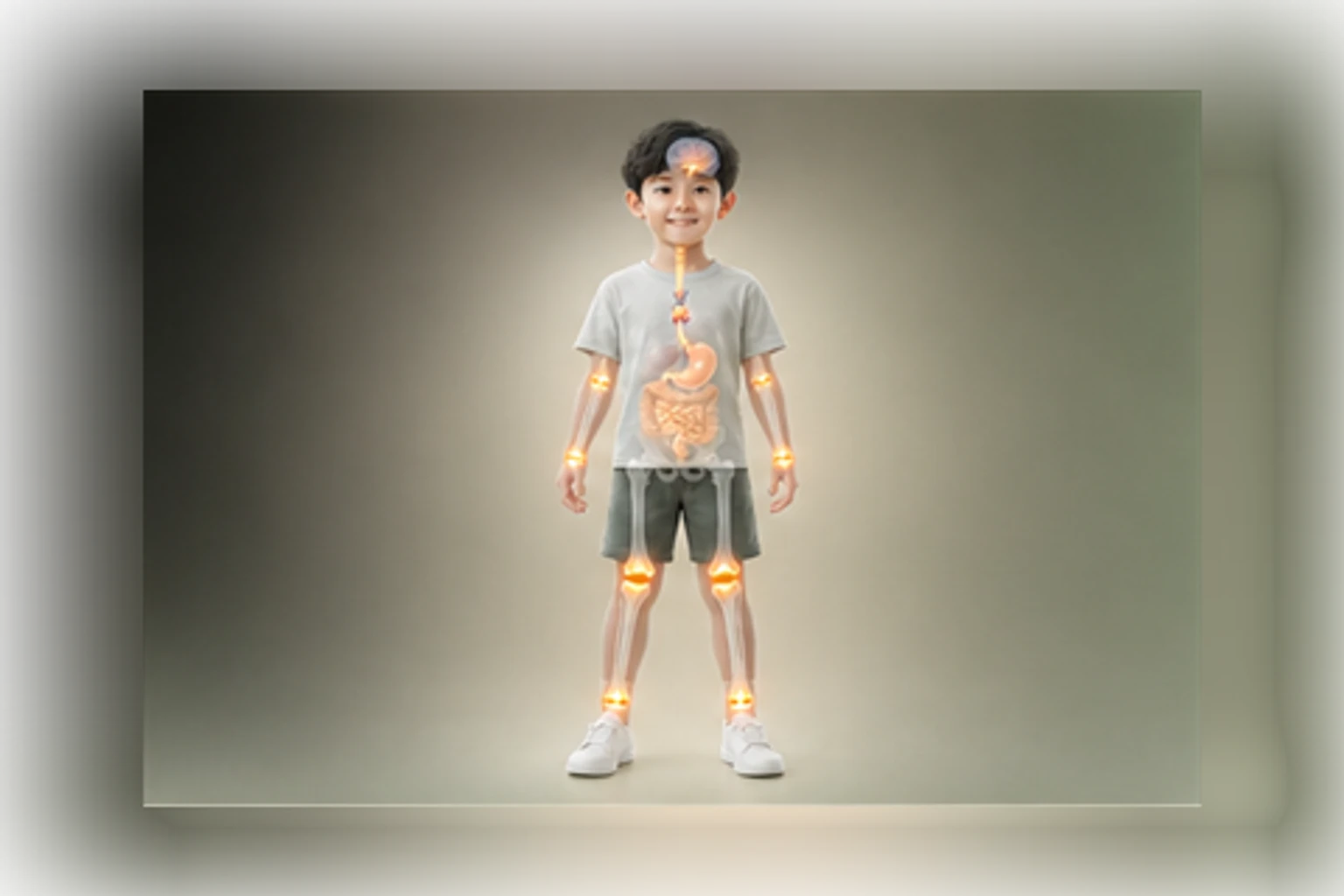 소아성장과 관련된 신체 부위를 머리부터 발끝까지 온전히 보이는 아이 위에 밝고 친근하게 보여 주는 소아 서양의학 교육 이미지