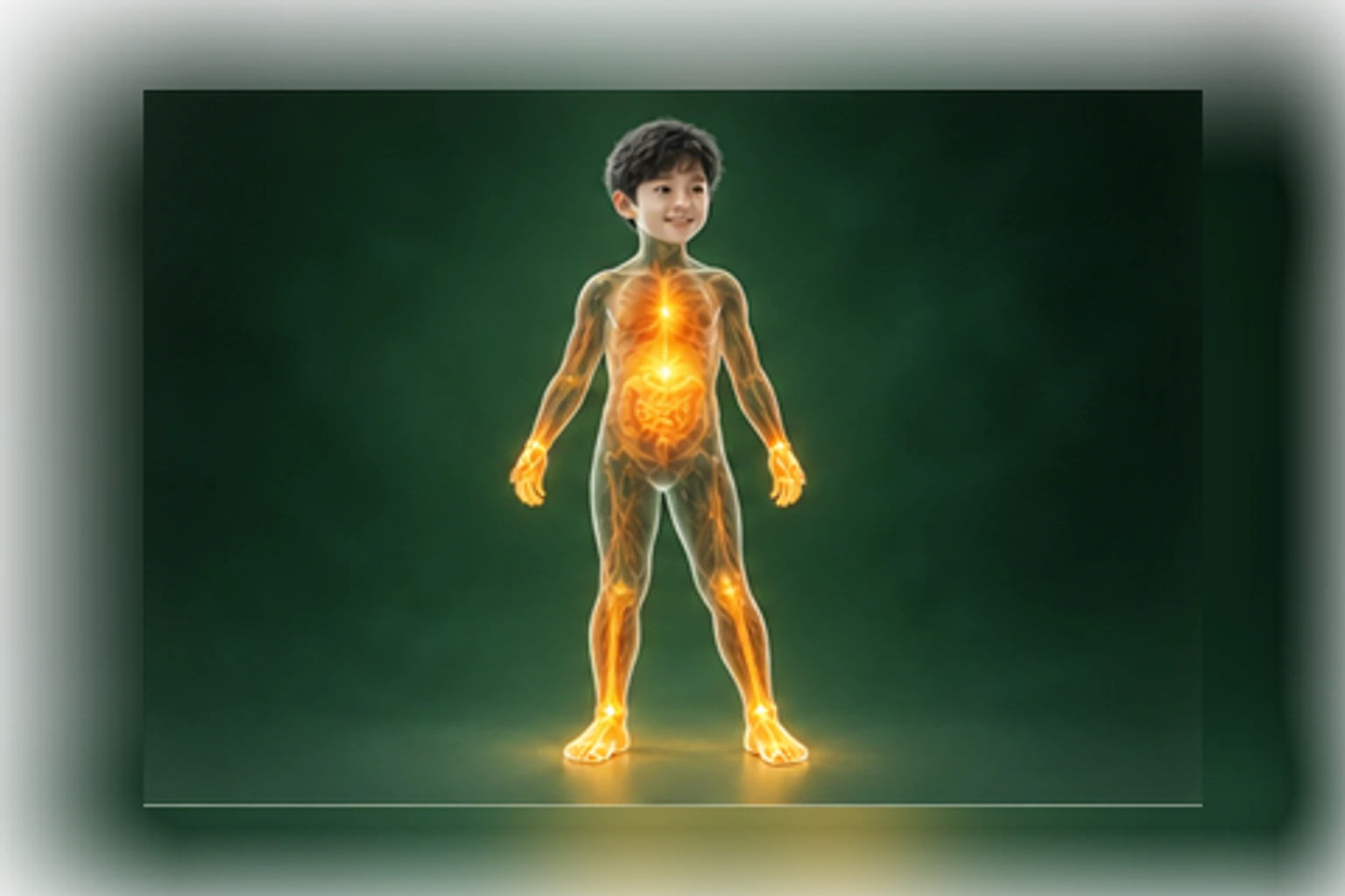 소아성장 아이의 머리부터 발끝까지 온전한 인체 형태에서 열의 흐름을 선명한 황금빛으로 보여 주는 담적병 골든셋 교육 이미지