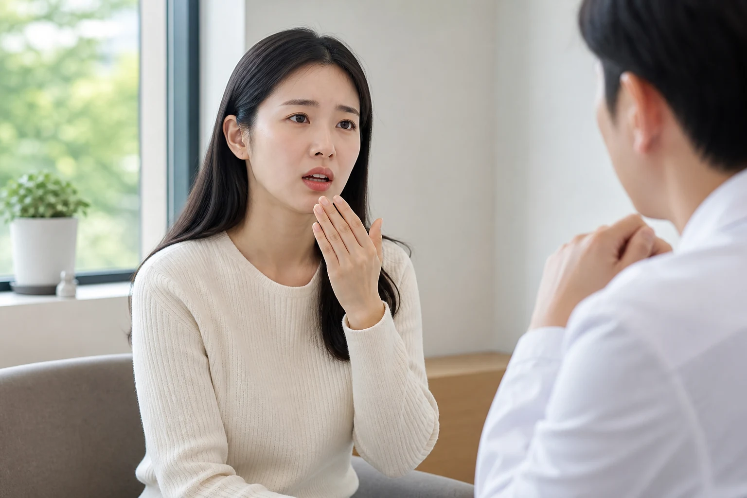 구취 환자가 가까운 대화가 조심스러운 불편을 밝은 진료실에서 상담하는 장면