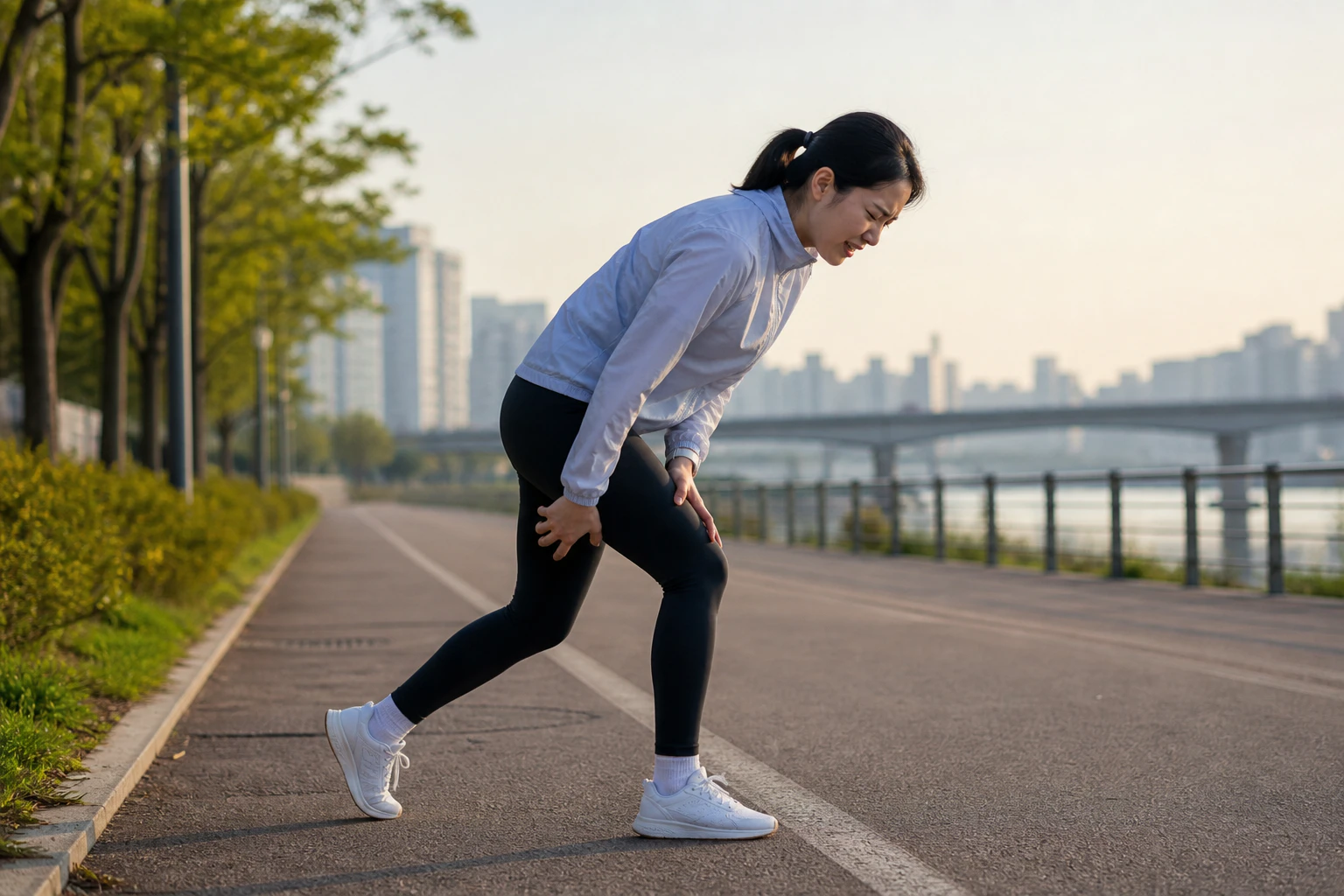 허벅지 뒤쪽이 갑자기 당겨 강변 산책로에서 달리기를 멈춘 한국인 여성 한 명의 운동 장면