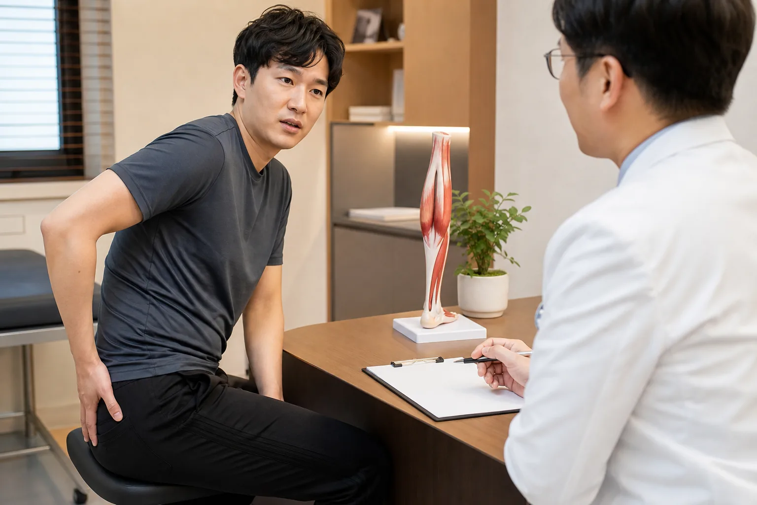 한국인 햄스트링손상 환자가 국내 한의원 상담 공간에서 허벅지 뒤쪽 통증과 운동 뒤 악화를 의료진에게 설명하는 장면
