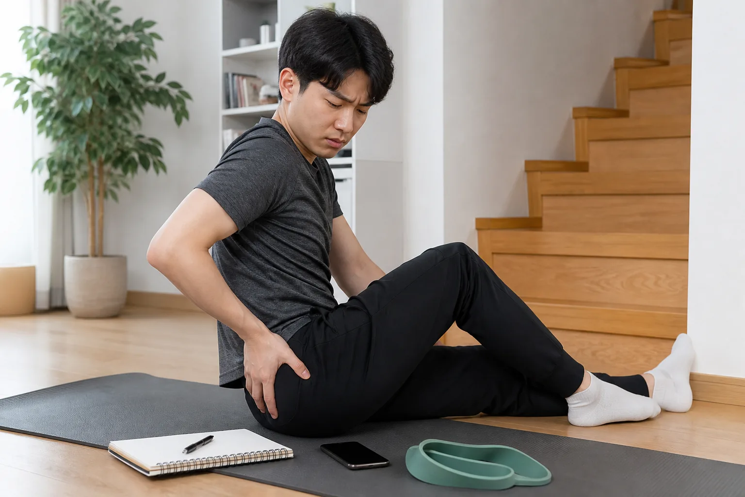 한국인 환자가 집에서 허벅지 뒤쪽 통증과 계단 불편, 운동 뒤 반응을 생활 기록으로 남기는 장면