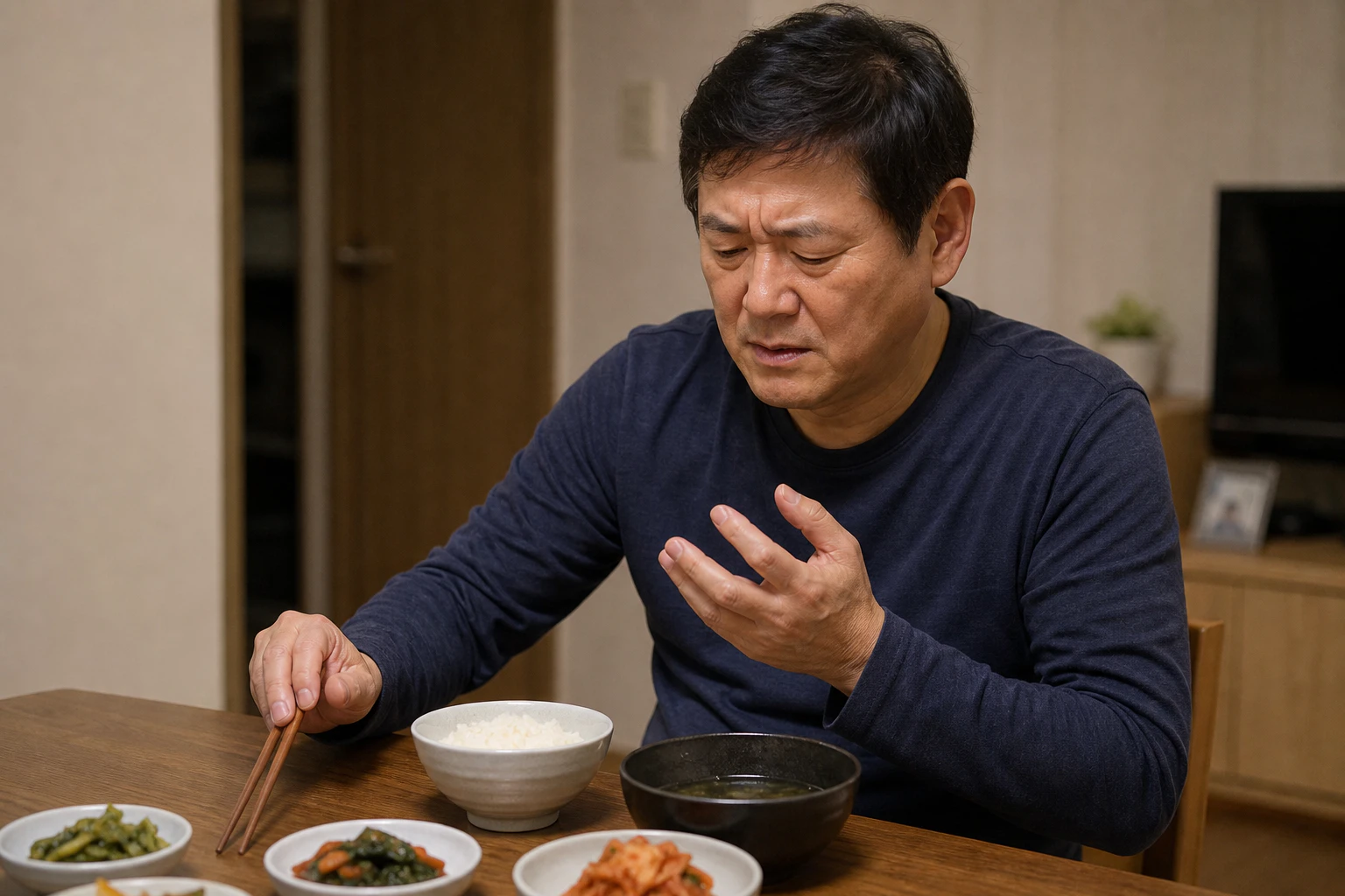 손가락이 저려 젓가락을 제대로 잡지 못하고 저녁 식사를 멈춘 한국인 남성 한 명의 장면