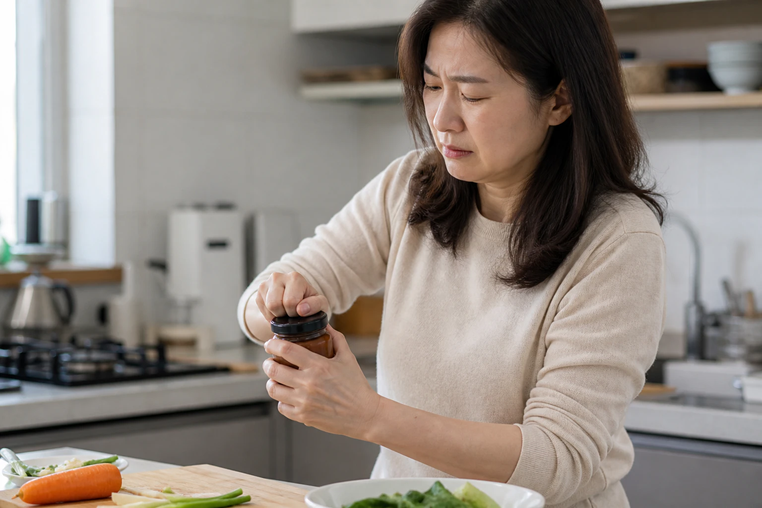 손이 아파 힘을 주지 못해 요리 중 병뚜껑을 열다 멈춘 한국인 여성 한 명의 장면