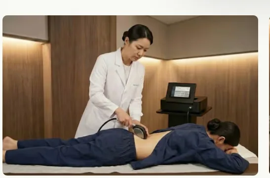 손 통증 진료 흐름에서 온열 장비와 치료 도구가 준비된 한의원 치료실 장면