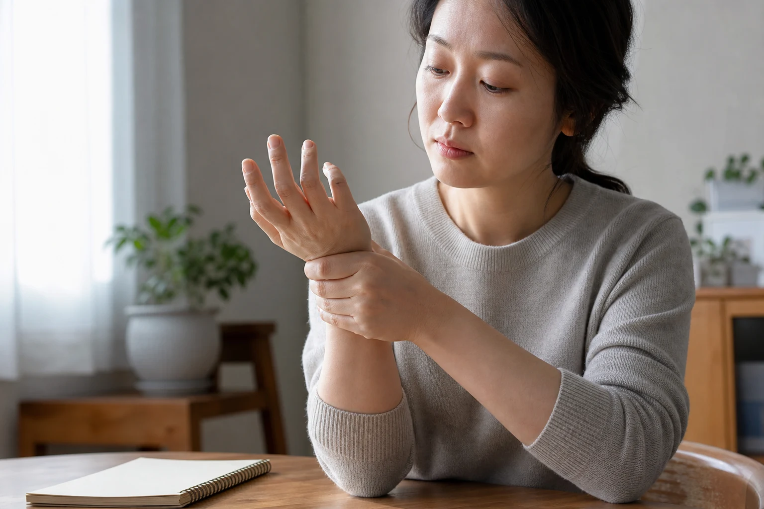 손 통증 환자가 진료실에서 손목과 손가락 움직임을 확인받는 장면
