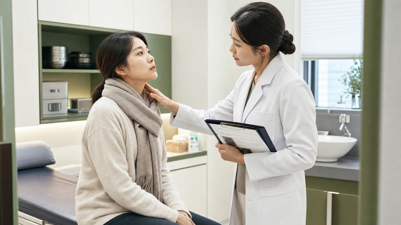 하시모토갑상선염 환자가 목 앞 불편과 검사 기록을 국내 한의원 진료실에서 확인하는 장면