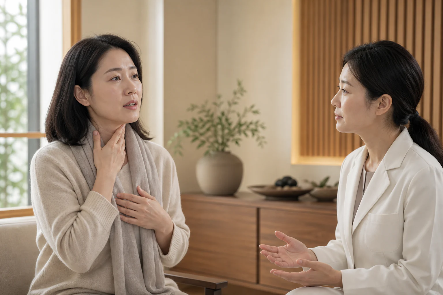 하시모토갑상선염으로 겪는 불편을 상담하는 환자와 의료진