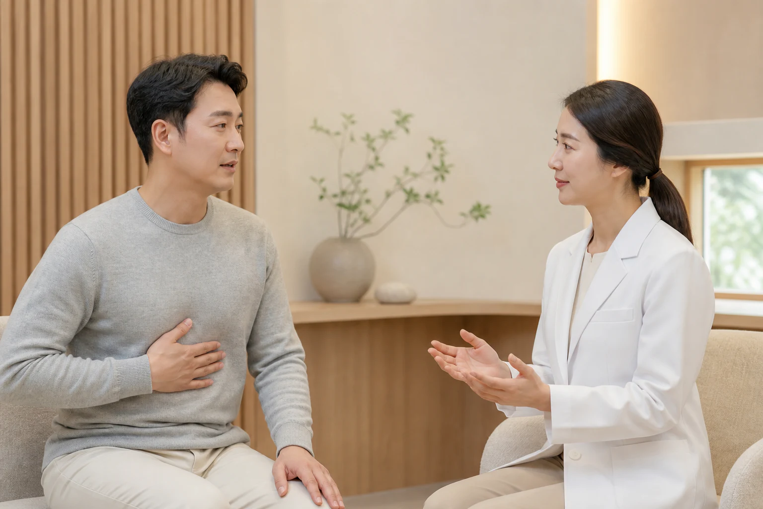 속쓰림으로 겪는 불편을 상담하는 환자와 의료진