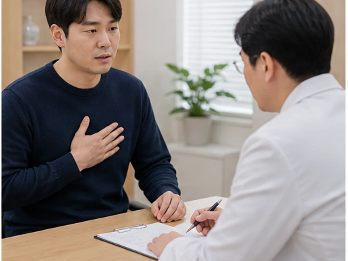 속쓰림 환자가 가슴 쓰림과 명치 쓰림을 초진 상담에서 설명하는 장면