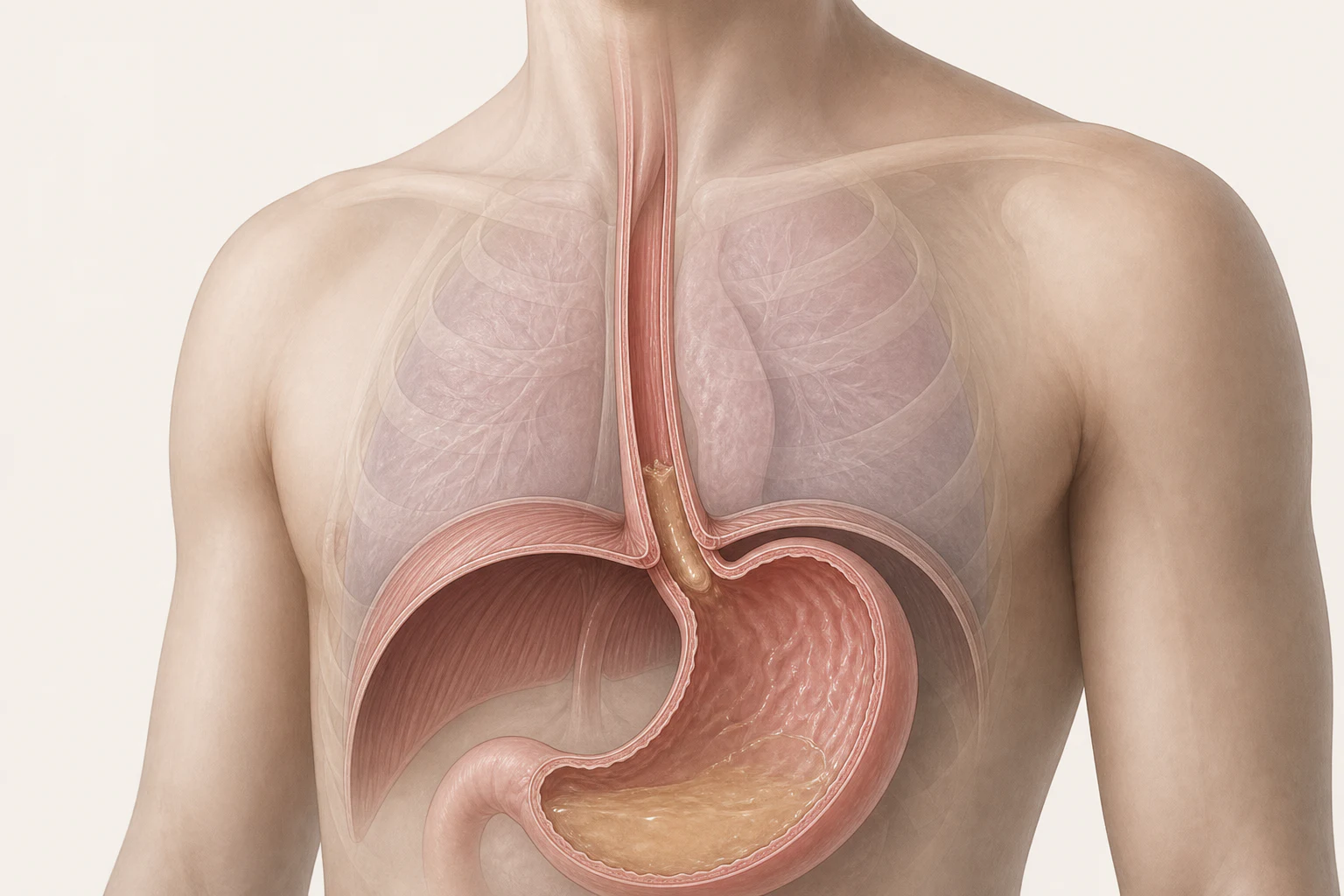 한 사람의 몸통 안에서 하부 식도·횡격막·위식도 접합부와 소량의 역류