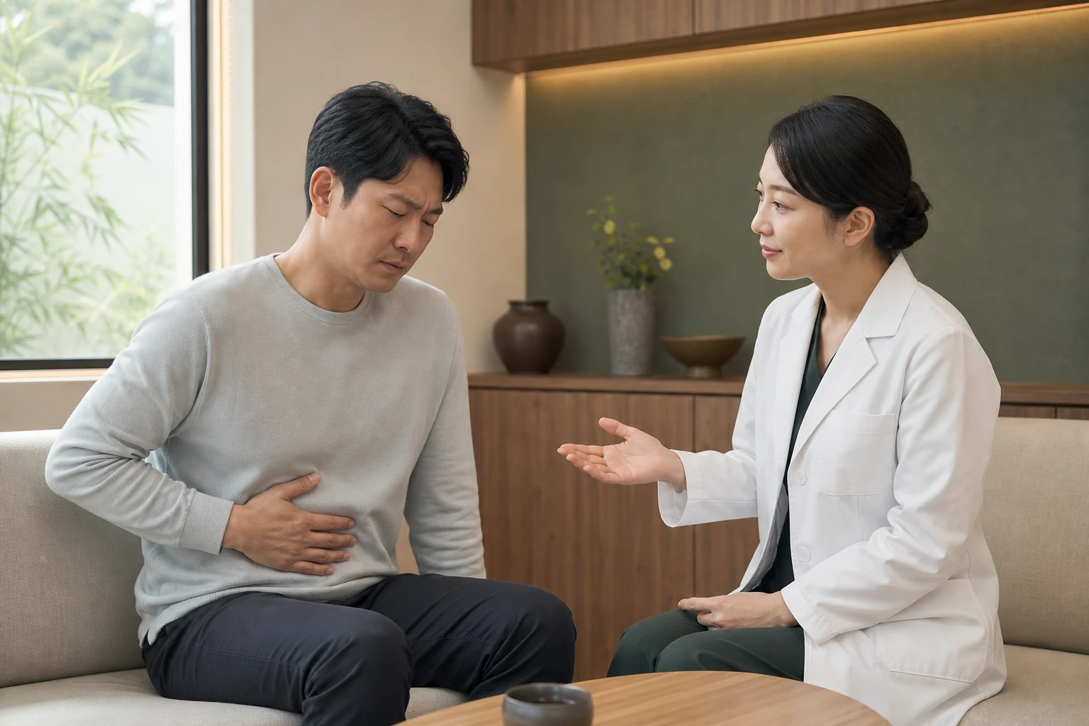 헬리코박터 위염으로 겪는 불편을 상담하는 환자와 의료진