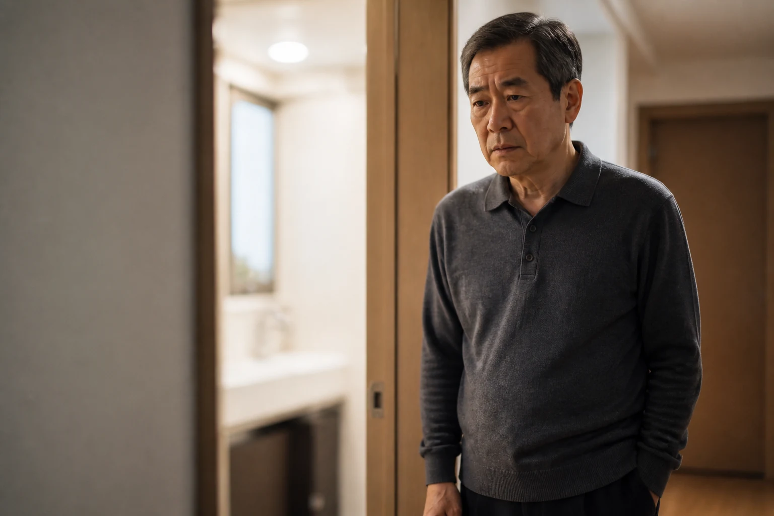 집에서 소변 색 변화를 발견한 뒤 걱정스러운 표정으로 화장실을 나온 혈뇨 환자의 일상
