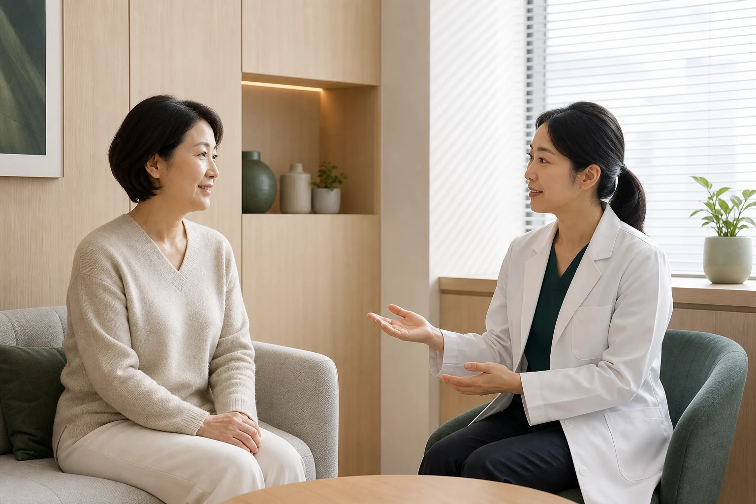 여성 환자와 흰 가운을 입은 의료진이 마주 앉아 상담하는 모습