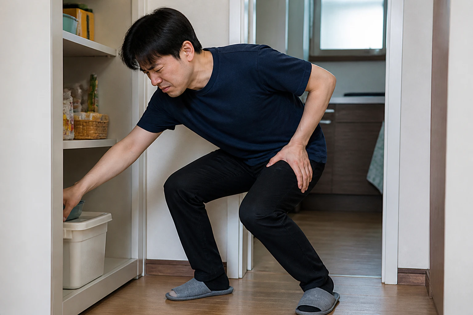 고관절 앞쪽이 끼듯 아파 낮은 선반의 물건을 꺼내려다 몸을 낮추지 못한 한국인 남성 한 명의 장면