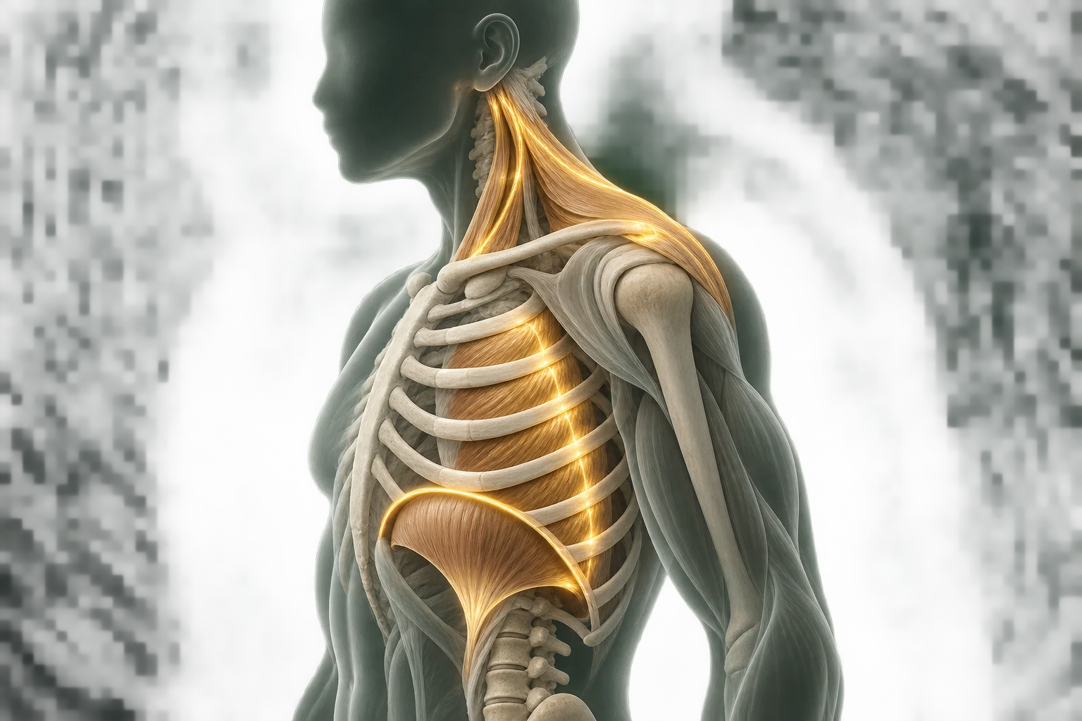 화병 구조의 흐름을 익명 반투명 인체와 절제된 금빛 경로로 보여 주는 이미지