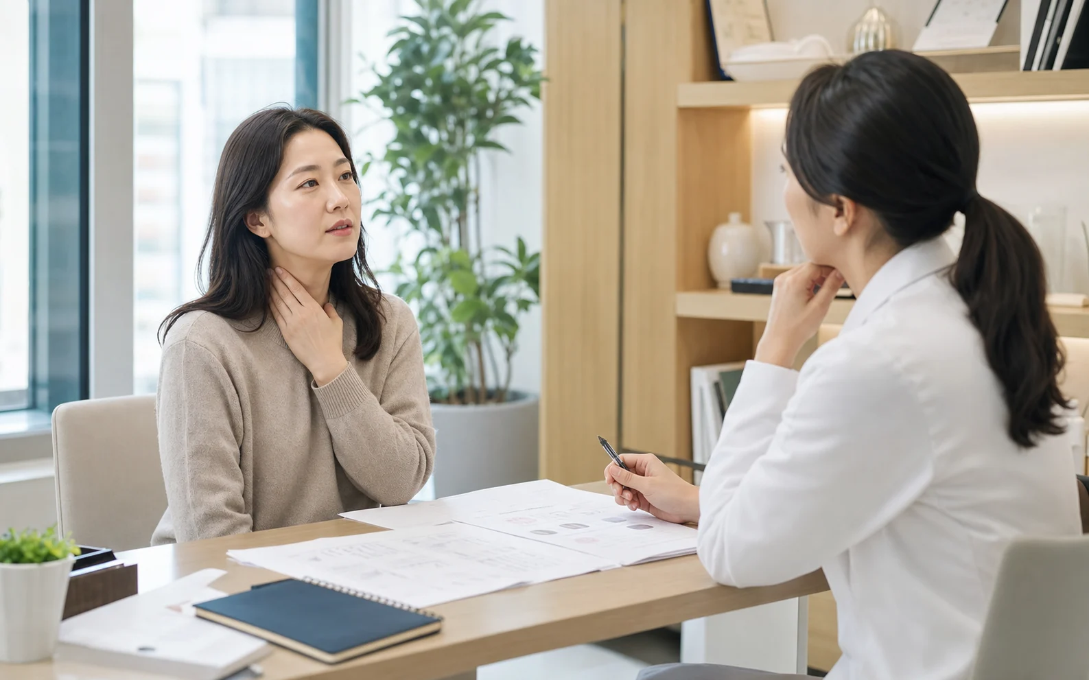 갑상선기능항진증 환자가 두근거림과 목 주변 불편을 진료실에서 상담하는 밝은 한의원 장면