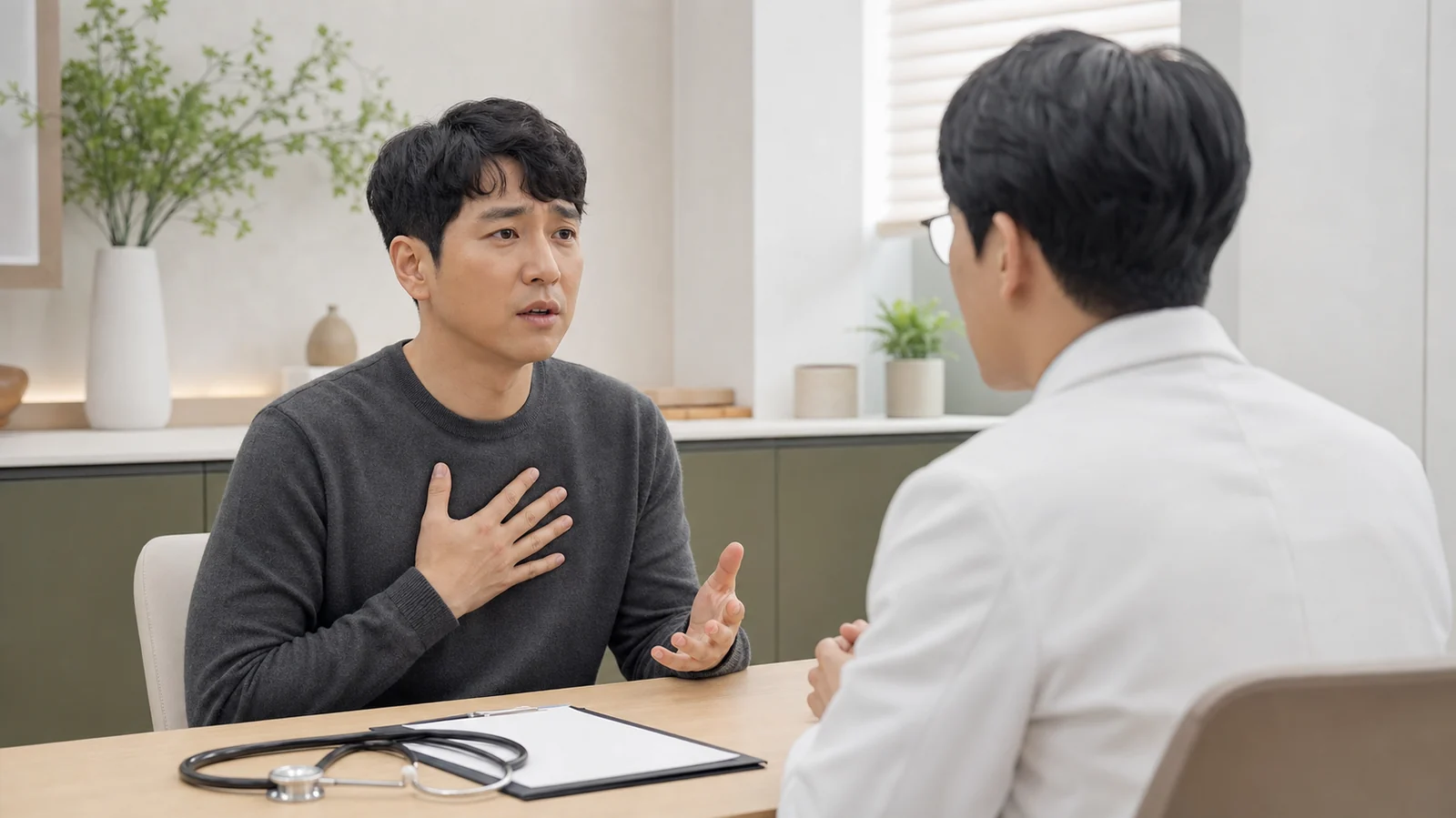 고중성지방혈증 환자가 중성지방 수치와 생활 조건을 현대 한의원 진료실에서 상담하는 장면