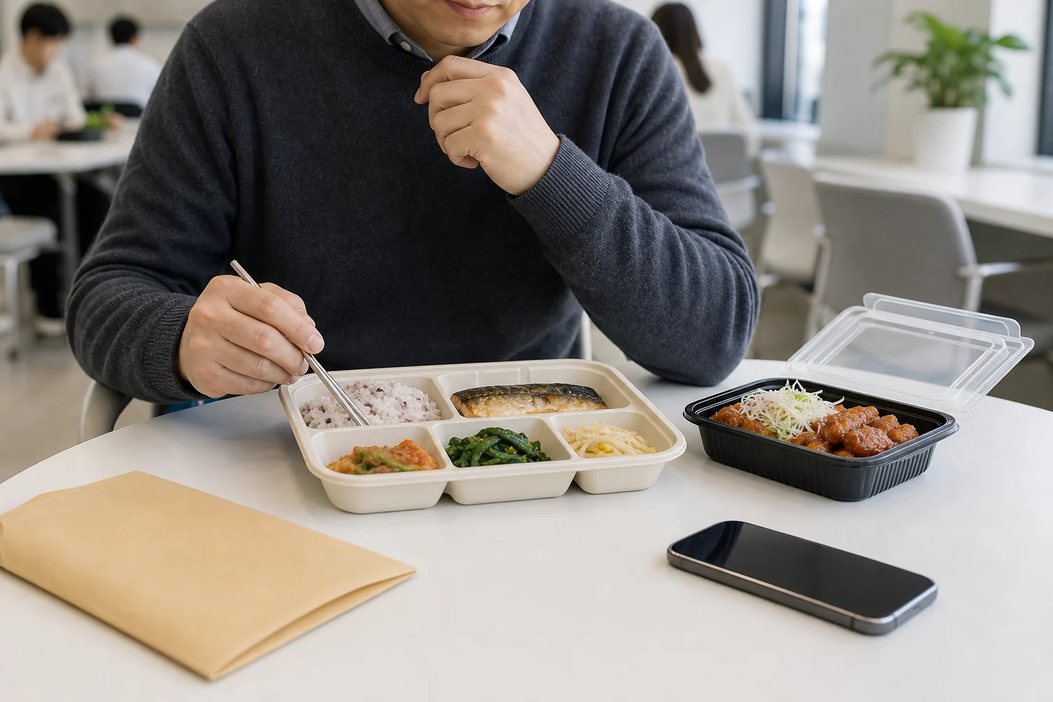 고중성지방혈증 환자가 사무실 점심 자리에서 식사 선택과 검사 봉투를 함께 두고 생활 조건을 정리하는 장면