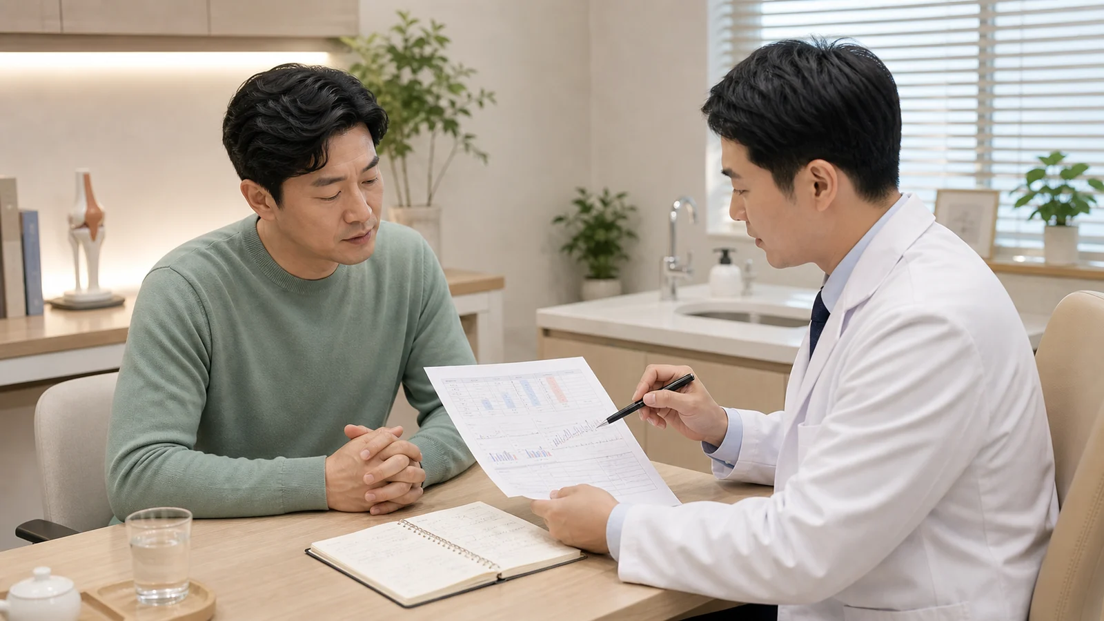 고요산혈증 환자가 혈액검사 결과와 생활 기록을 들고 부천인애한의원 초진 상담을 받는 장면