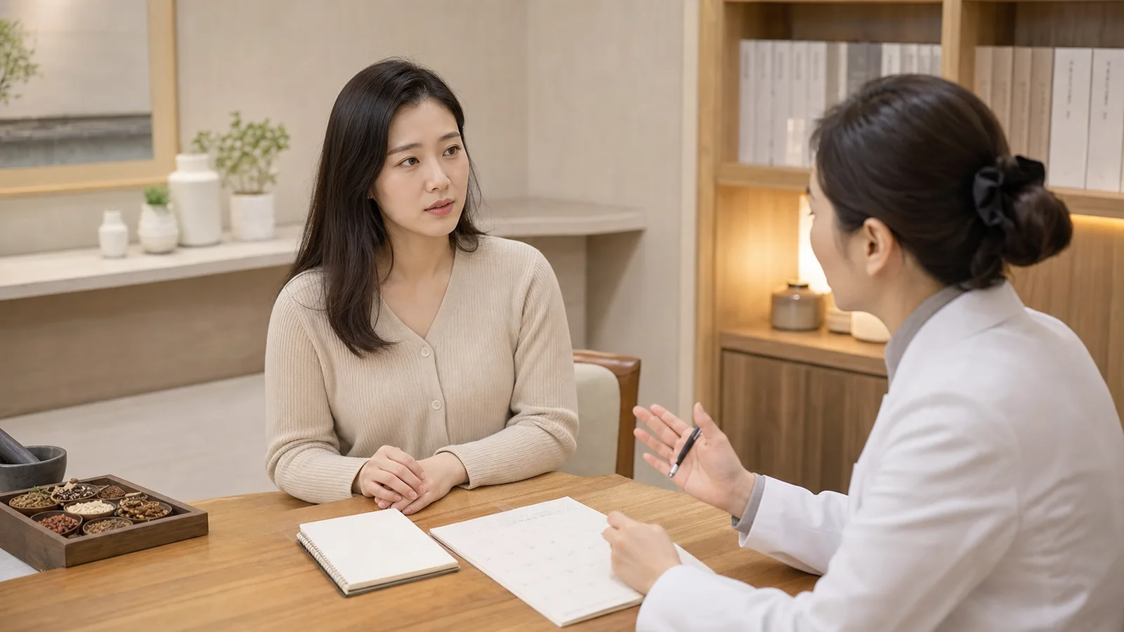 월경과소 환자가 생리양 감소와 주기 변화를 상담하는 국내 한의원 진료실 장면