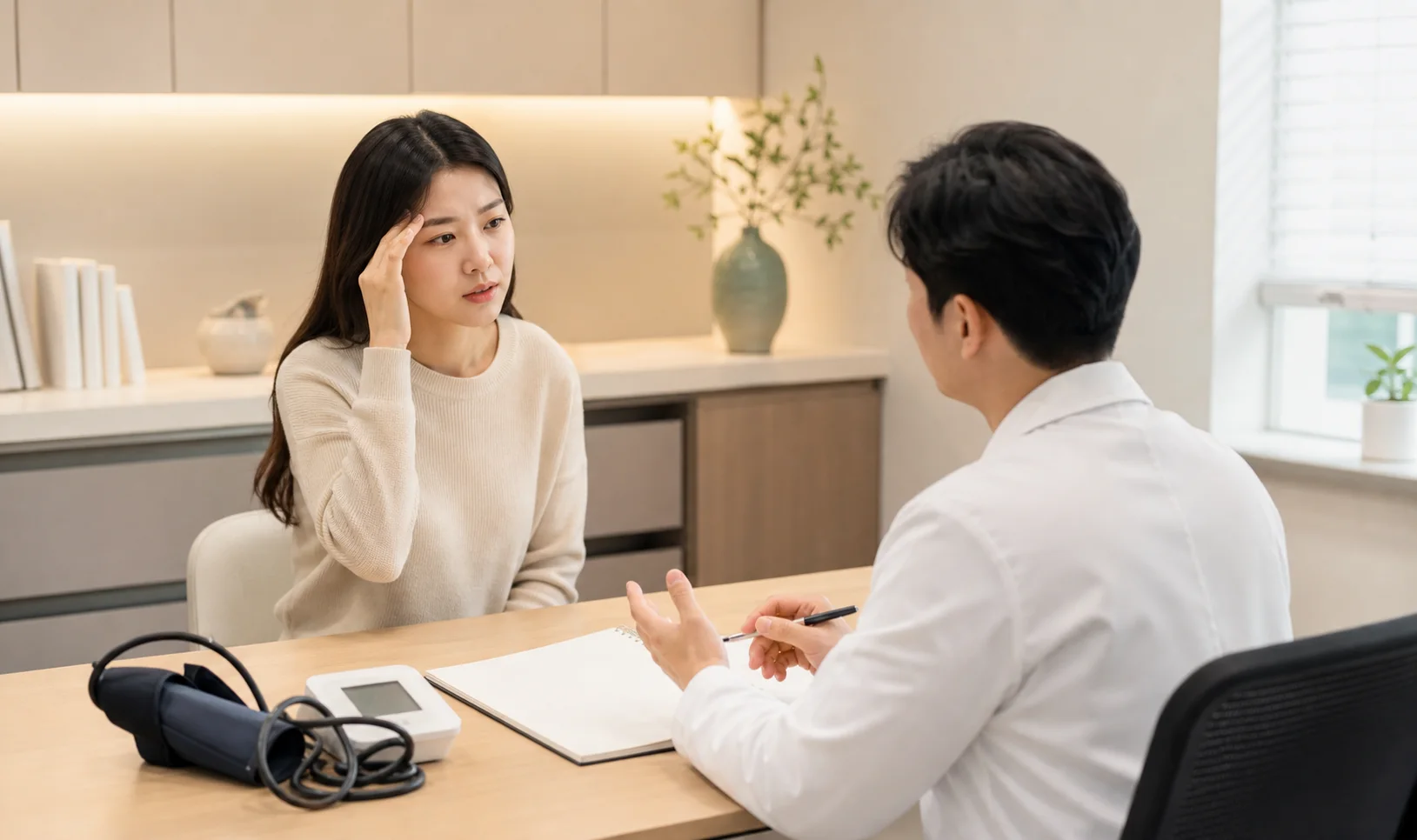 저혈압 환자가 기립 어지럼과 식은땀 반복을 상담하는 모던 한의원 장면
