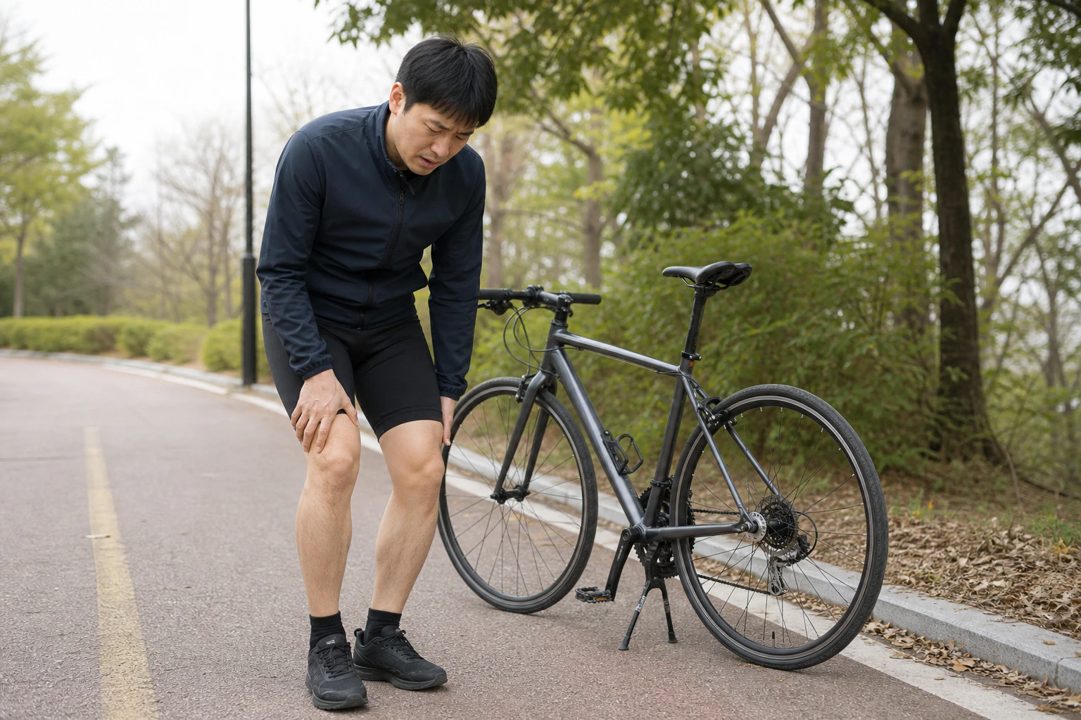 허벅지 바깥쪽과 무릎 외측 통증 때문에 자전거를 세우고 라이딩을 멈춘 한국인 남성 한 명의 장면