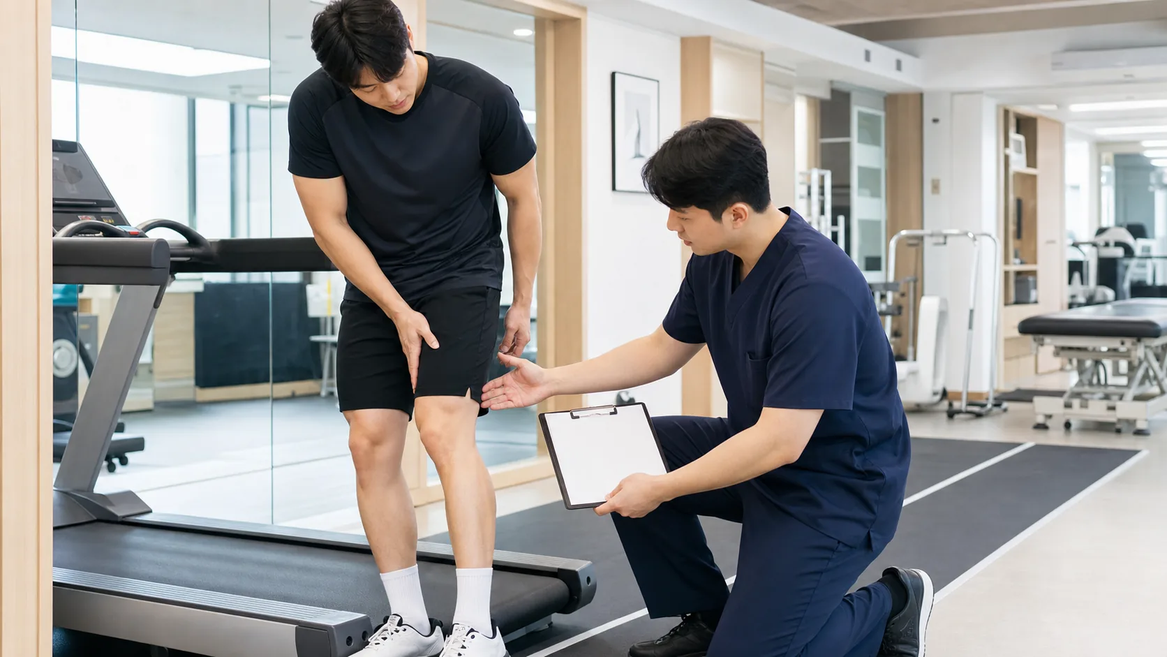한국인 장경인대증후군 환자가 보행 평가 공간에서 바깥쪽 무릎과 허벅지 바깥쪽 통증을 의료진에게 설명하는 장면