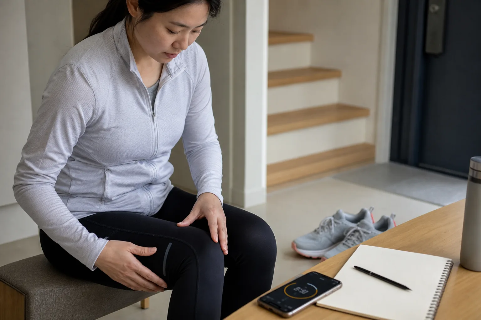 한국인 환자가 계단 앞에서 바깥쪽 무릎 통증과 운동 뒤 악화 시점을 생활 기록으로 정리하는 장면