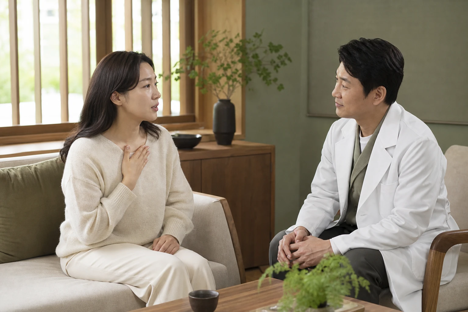 면역저하로 겪는 불편을 상담하는 환자와 의료진